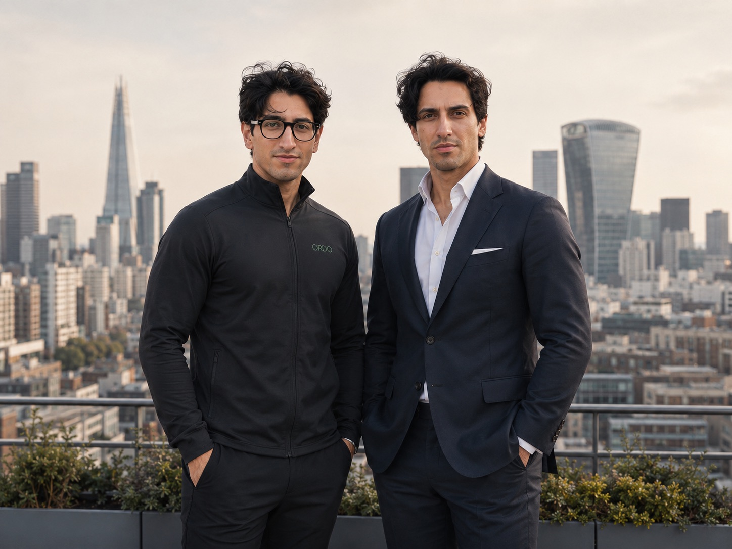 ORDO founders KP and Manny on a rooftop with the London skyline behind